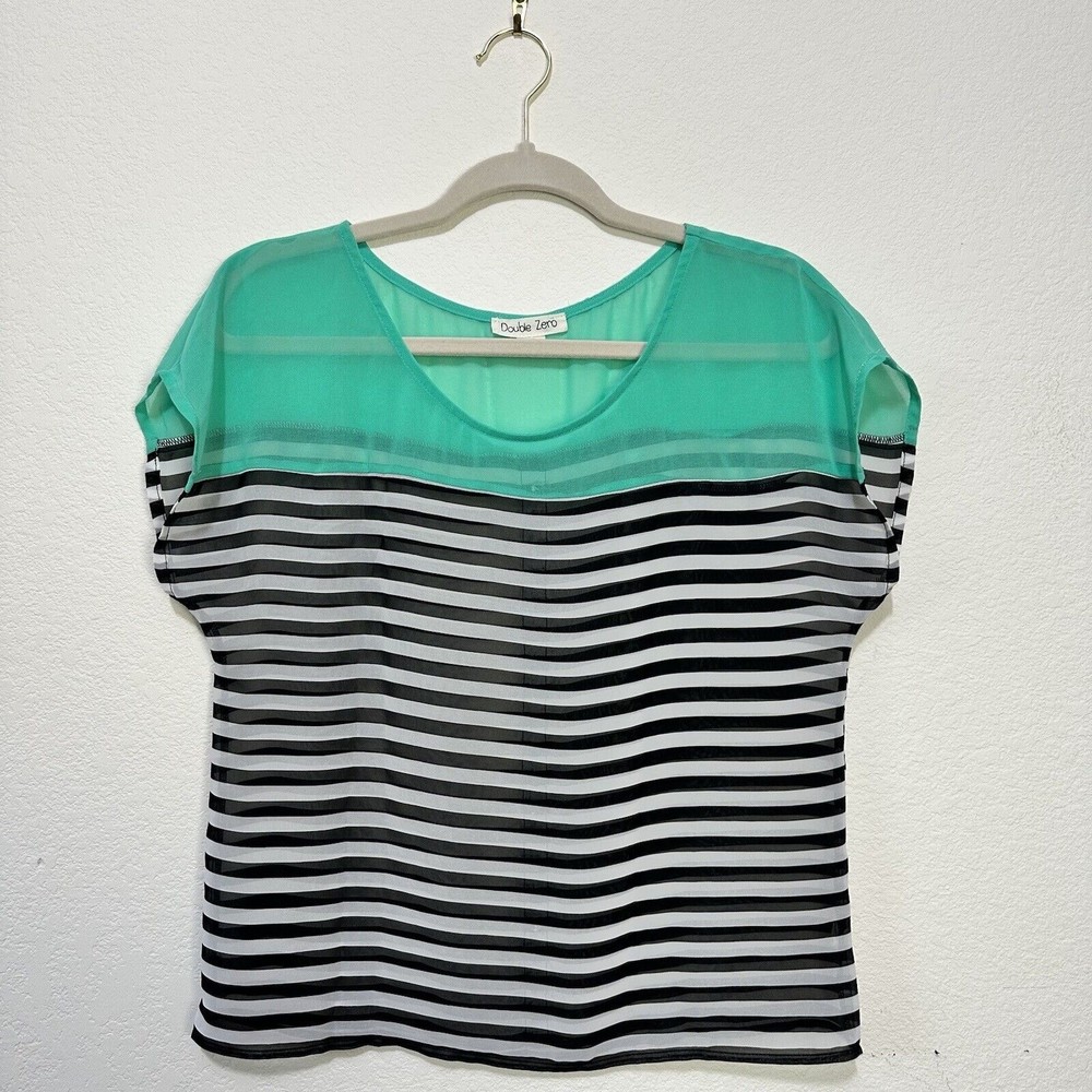 Double Zero Small Sheer Top Boat Neckline Cap Sleeve Button Accent In Back